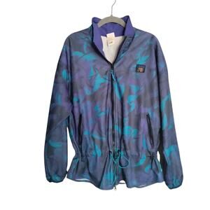 Vintage InSport for Women Sz L Track Jacket Blue Watercolor Cinch Waist Fleece